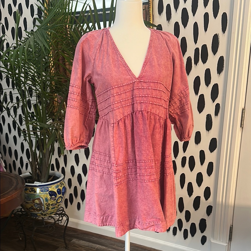 Free People Pink Smocked Mini Dress with 3/4 Sleeves *Flawed see 5th picture*
